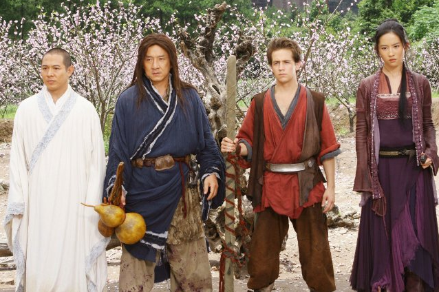 (Left to right) Jet Li,, Jackie Chan, Michael Angarano, Yifei Liu